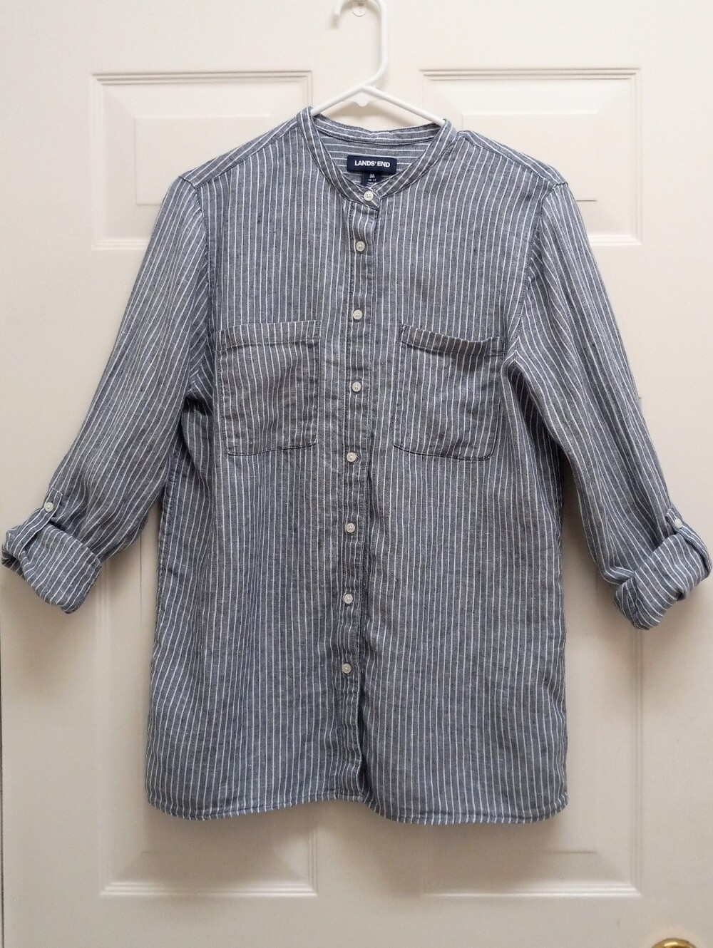 Lands End 100% Linen Striped Button Up Tunic Shirt Roll Tab Medium 10-12 Blue